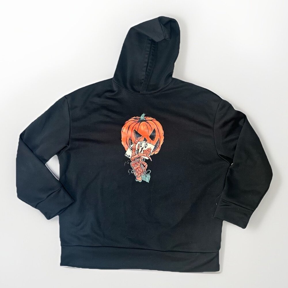 SHEIN Hoodie Men’s 2XL Black Pumpkin With Cards Skeleton Hand Hooded Sweatshirt